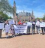 Protester at ICJ headquarters: demanded release of Bhutanese political prisoners