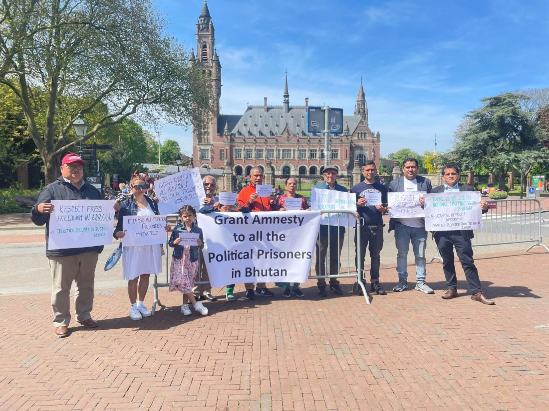 Protester at ICJ headquarters: demanded release of Bhutanese political prisoners