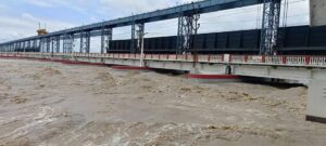 High-water mark in Saptakoshi river, all sluice gates opened at Koshi Barrage