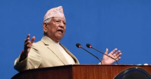 Senior-most HoR member KC taking oath before president Poudel